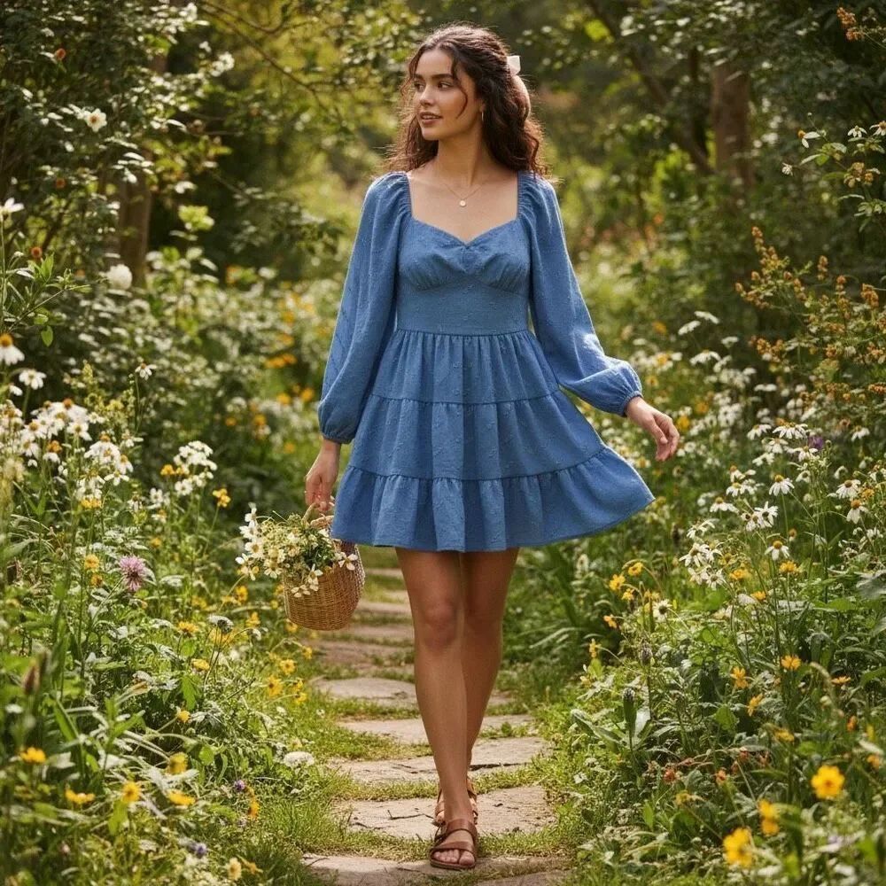 Altar’d State Blue Eyelet Tie Front Mini Dress Boho Long Sleeve Tiered XL